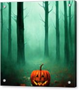 Halloween Pumpkin In Dark Deep Forest At Halloween Night. Jack O Acrylic Print