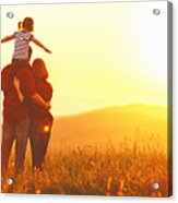 Happy Family: Mother Father And Child Daughter On Sunset Acrylic Print