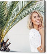 Happy Girl Walking Near Palm Trees On A Summer Sunny Day Acrylic Print