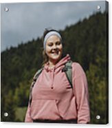 Healthy And Active Lifestyle: Portrait Of A Beautiful Happy Plus Size Woman In A Pink Sweatshirt Hiking With A Backpack On Her Back Acrylic Print
