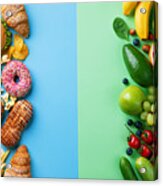 Healthy And Unhealthy Food Background From Fruits And Vegetables Vs Fast Food, Sweets And Pastry Top View. Diet And Detox Against Calorie And Overweight Lifestyle Concept. Acrylic Print