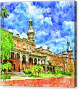 Henry B. Plant Museum In Tampa, Florida - Pen And Watercolor Acrylic Print