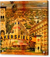 Historical Buildings Of Bakersfield, California, Blended On Old Paper Acrylic Print