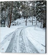 Icy Slippery Dangerous Road In Winter In The Forest. Snowy Mountains Snowstorm. Acrylic Print