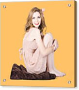 Isolated Pinup Girl Sitting On Soft Blanket Acrylic Print
