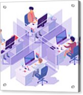 Isometric 3d Workplace With Four Sections And Businessman Programmer At Computer. Acrylic Print