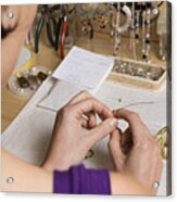 Jewellery Maker Working On Necklace, Over The Shoulder View Acrylic Print