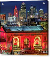 Kansas City Skyline Night Kc Chiefs Union Station Red Panoramic Acrylic Print