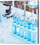 Laboratory Test Tubes And Solution With Stethoscope Background. Science And Medical Concept. Scientist Research And Analysis Biotechnology Concept Acrylic Print