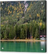 House In The Lake And Forest. Lago Di Dobbiaco Lake. Italian Aps Acrylic Print