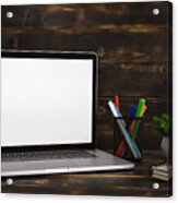 Laptop With Blank White Screen Against Rustic Wood Background. Screen Mock Up. Acrylic Print