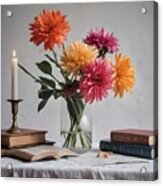 Large Dahlia Arrangement With Candles And Books. Acrylic Print