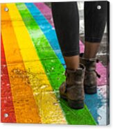 Legs Walking On Gay Rainbow Crosswalk. Acrylic Print