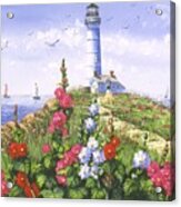 Lighthouse And Hollyhocks Acrylic Print