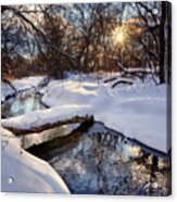 Like A Bridge Over Troubled Waters - Fresh Wi Snowscape With Trout Creek And Log Bridge Acrylic Print