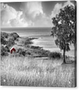 Little Red Barn On The Coast Black And White Acrylic Print