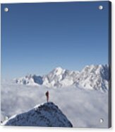 Lone Climber On Top Of A Snowy Peak Acrylic Print