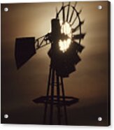 Lunar Power - Full Moon Behind A Still-turning Abandoned Nd Windmill Acrylic Print