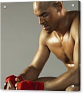 Male Boxer Adjusting Bandages On His Hands Acrylic Print