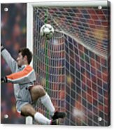 Male Football Goalie Trying To Block Goal In Air Acrylic Print