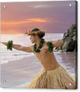 Male Hula Dancer On The Beach With A Sunset Sky Of Fire In The Background. Acrylic Print