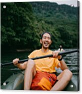 Man Paddling Kayak In Mangrove River And Laughing, Iriomote, Japan Acrylic Print