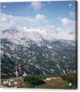 Man With A Backpack Looks At The Dachstein Massif Acrylic Print