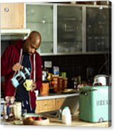 Mid Adult Man In Kitchen Pouring Freshly Made Coffee Acrylic Print