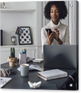 Mid Adult Woman Working In Her Home Office, Using Smartphone Acrylic Print