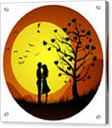 Minimalist Couple In Love Scenery, Two Lovers In The Hill With Love Tree Valentines Day Background Acrylic Print