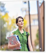 Mixed Race Student Carrying Books On Campus Acrylic Print