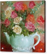 Mixed Rose Bouquet In Turquoise Vase Acrylic Print