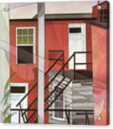 Modern Conveniences - Outer Staircase And Red Facade Acrylic Print