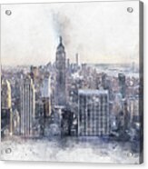 New York City Manhattan Midtown Aerial Panorama View With Skyscrapers And Blue Sky In The Day, Digital Watercolor Painting Acrylic Print