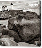 Nubble Lighthouse On The Rocks - York Maine Sepia Acrylic Print