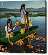 Offerings On Lake Batur By Young Balinese Girls In The Early Morning Acrylic Print