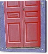 Old Wooden Red Door And Purple Wall Acrylic Print