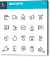 Online Shopping - Thin Linear Vector Icon Set. Editable Stroke. Pixel Perfect. The Set Contains Icons Such As Shopping, E-commerce, Store, Discount, Shopping Cart, Delivering, Wallet, Courier And So On. Acrylic Print
