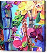Orchids With Gold Dust Day Gecko Acrylic Print