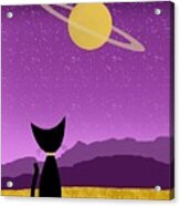 Outer Space Cat Admires Ringed Planet Acrylic Print
