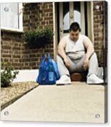 Overweight Man Sits Next To His Shopping On A Doorstep Acrylic Print