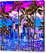 Palm Trees In Front Of Los Angeles Skyline At Sunset - Digital Painting Acrylic Print