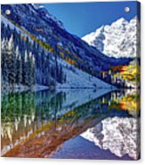 Maroon Bells Panorama  Sunrise In The Rocky Mountains Peaks Triptych. Acrylic Print