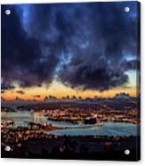 Panoramic View Of Ferrol Estuary With Bridge And Shipyards Stormy Sky At Dusk La Corua Galicia Acrylic Print