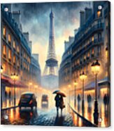Parisian Streets In Rain, A Romantic Rainy Scene On The Streets Of Paris With The Eiffel Tower Acrylic Print