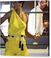 Peggy Dillard Wearing A Yellow One Shoulder Jumpsuit Acrylic Print