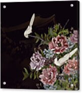 Peonies And Birds Glitter Temple Chinoiserie Acrylic Print