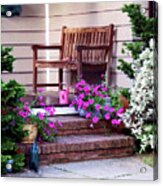 Pink Petunias And Watering Cans Acrylic Print