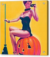 Pinup Sexy Witch On Pumpkin Acrylic Print