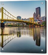 Pittsburgh Skyline Reflections And Carson Bridge At Sunrise Acrylic Print